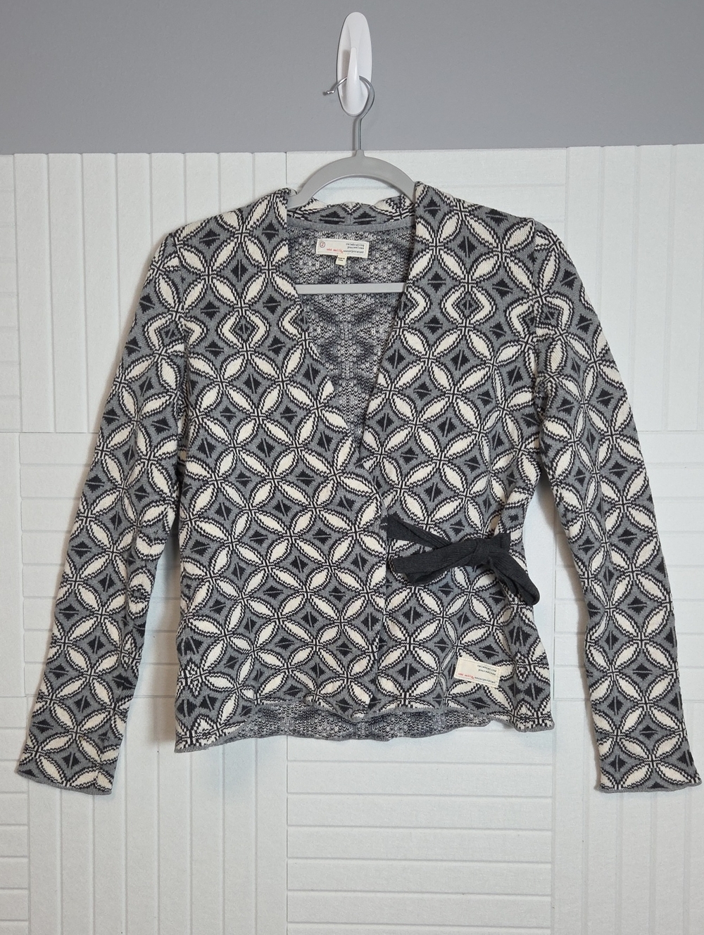 Odd Molly 100% Cotton Gray Geometric Tie Front Cardigan Sweater Size 2